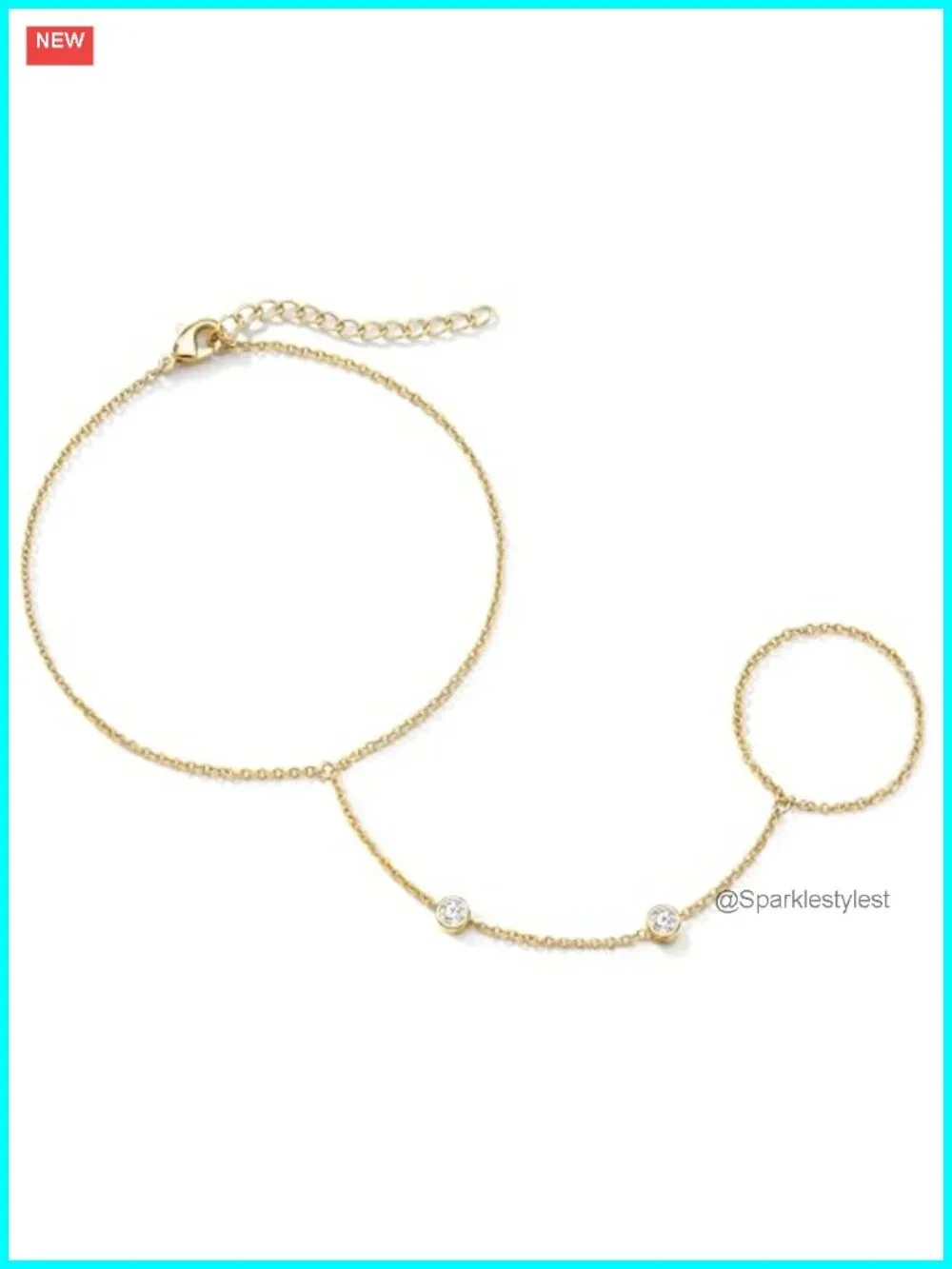 14K Gold Plated Hand Chain Bracelet Cubic Zirconia Ring Hand Chain Jewelry